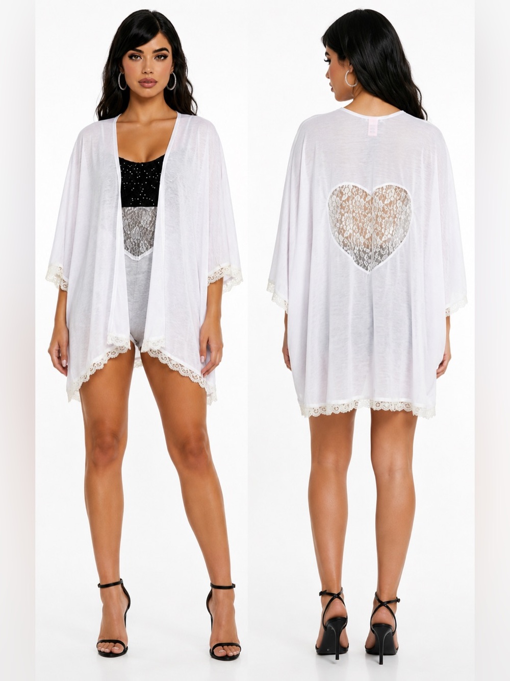Betsey Johnson White Lace Heart Kimono Cardigan Swim Cover-Up OSFM